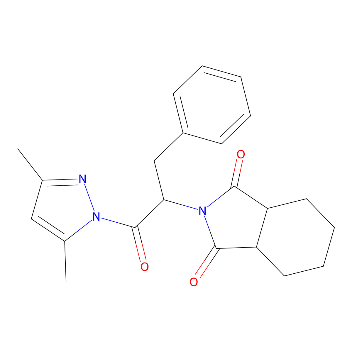 2-[1-(3,5-dimethyl-1H-pyrazol-1-yl)-1-oxo-3-phenylpropan-2-yl]hexahydro-1H-isoindole-1,3(2H)-dione molecular structure, CAS 439294-78-7