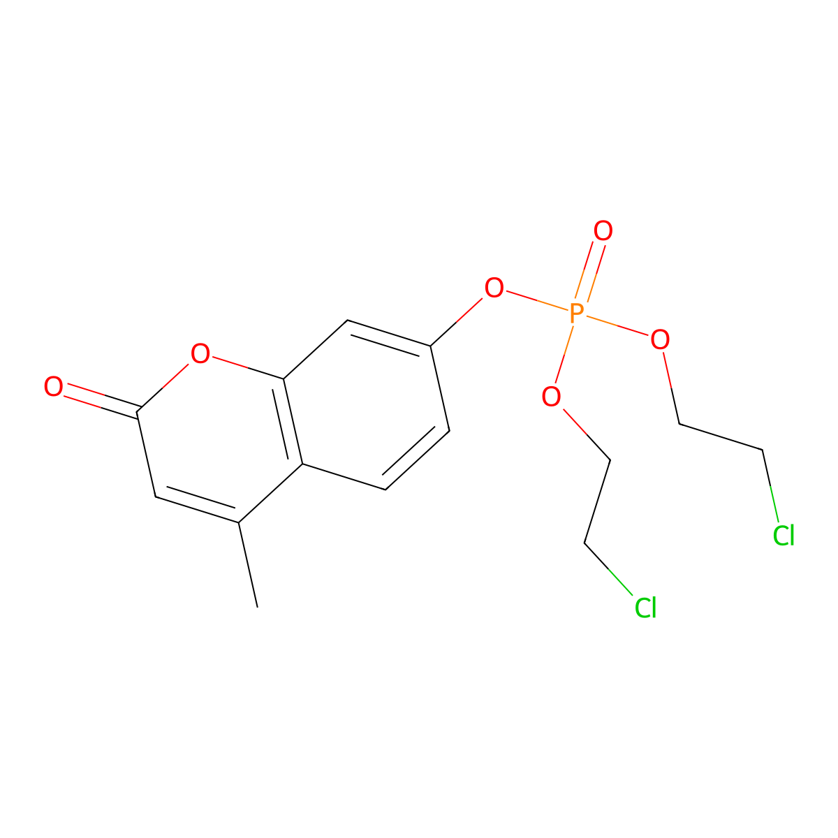 Bis(2-chloroethyl) 4-methyl-2-oxo-2H-1-benzopyran-7-yl phosphate molecular structure, CAS 4394-77-8