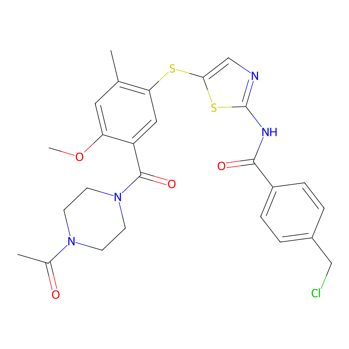 N-(5-(5-(4-acetylpiperazine-1-carbonyl)-4-methoxy-2-methylphenylthio)thiazol-2-yl)-4-(chloromethyl)benzamide molecular structure, CAS 439578-99-1