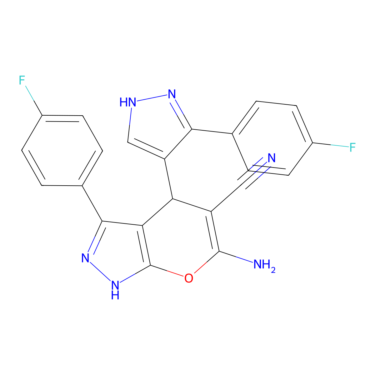 6-amino-3-(4-fluorophenyl)-4-[3-(4-fluorophenyl)-1H-pyrazol-4-yl]-1,4-dihydropyrano[2,3-c]pyrazole-5-carbonitrile molecular structure, CAS 439588-33-7