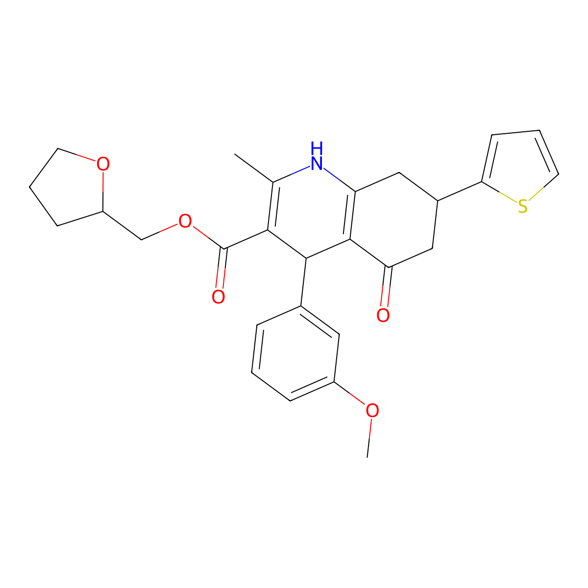 Tetrahydrofuran-2-ylmethyl 4-(3-methoxyphenyl)-2-methyl-5-oxo-7-(thiophen-2-yl)-1,4,5,6,7,8-hexahydroquinoline-3-carboxylate molecular structure, CAS 439588-38-2