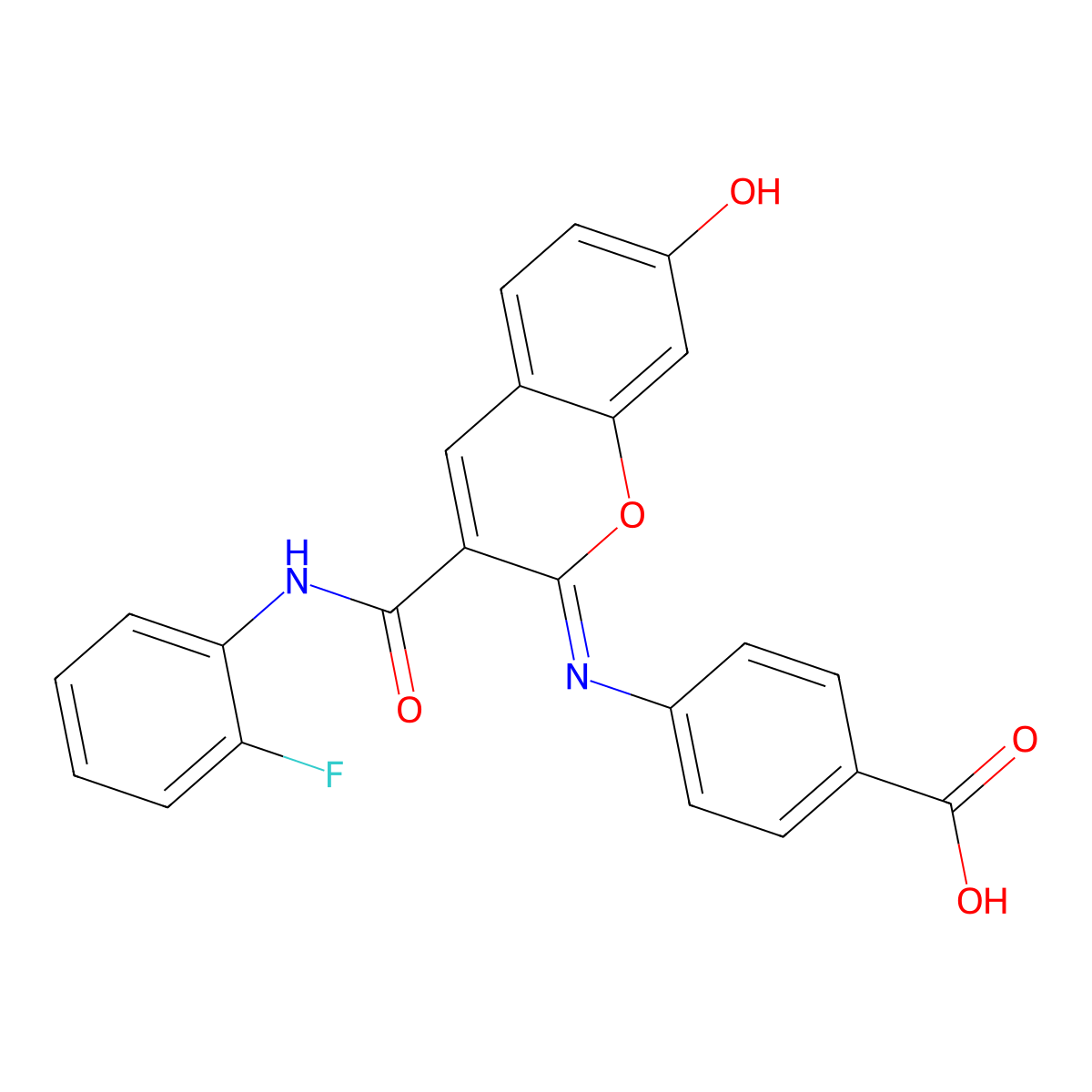 4-{[(2Z)-3-[(2-fluorophenyl)carbamoyl]-7-hydroxy-2H-chromen-2-ylidene]amino}benzoic acid molecular structure, CAS 439589-92-1