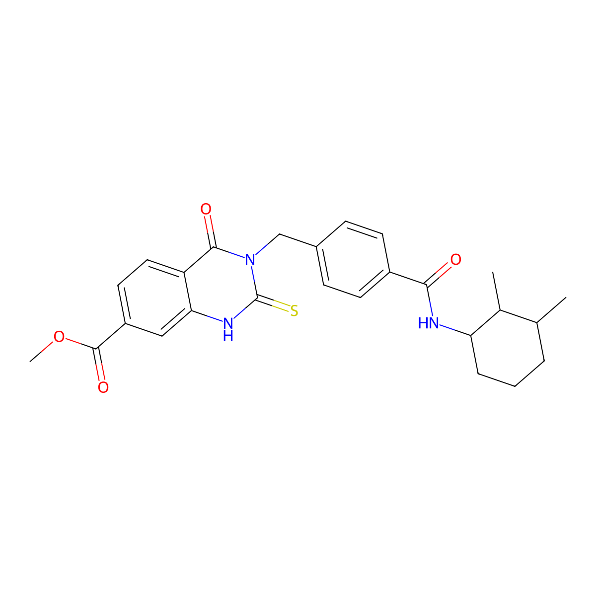 Methyl 3-(4-((2,3-dimethylcyclohexyl)carbamoyl)benzyl)-4-oxo-2-thioxo-1,2,3,4-tetrahydroquinazoline-7-carboxylate molecular structure, CAS 439792-07-1