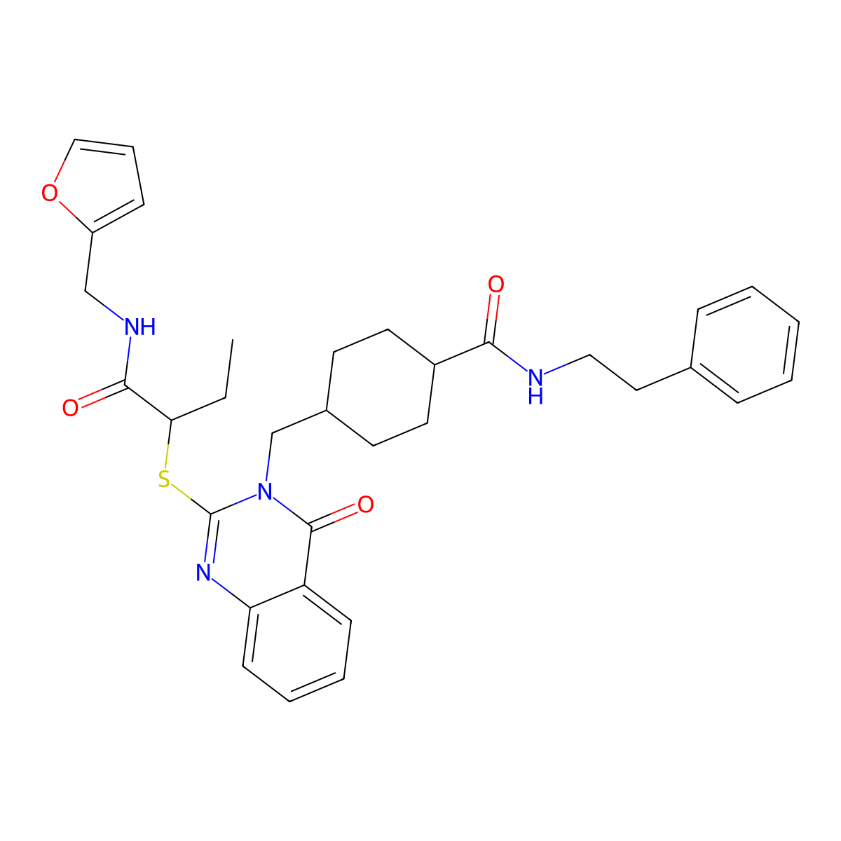 4-({2-[(1-{[(furan-2-yl)methyl]carbamoyl}propyl)sulfanyl]-4-oxo-3,4-dihydroquinazolin-3-yl}methyl)-N-(2-phenylethyl)cyclohexane-1-carboxamide molecular structure, CAS 439792-22-0