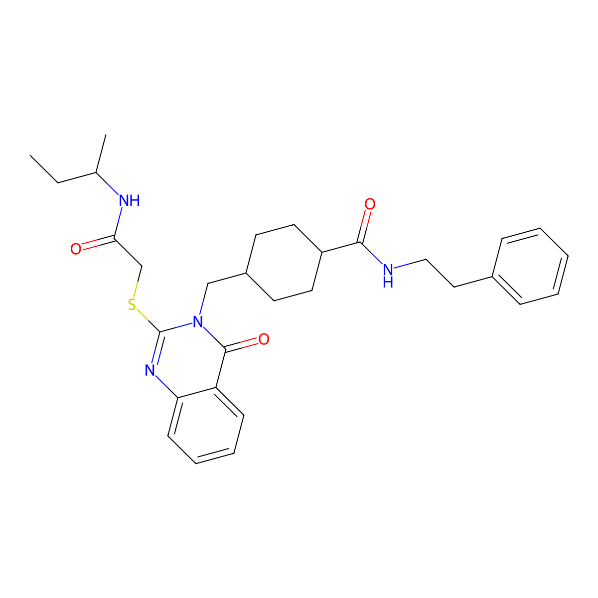 4-((2-((2-(sec-butylamino)-2-oxoethyl)thio)-4-oxoquinazolin-3(4H)-yl)methyl)-N-phenethylcyclohexanecarboxamide molecular structure, CAS 439792-23-1
