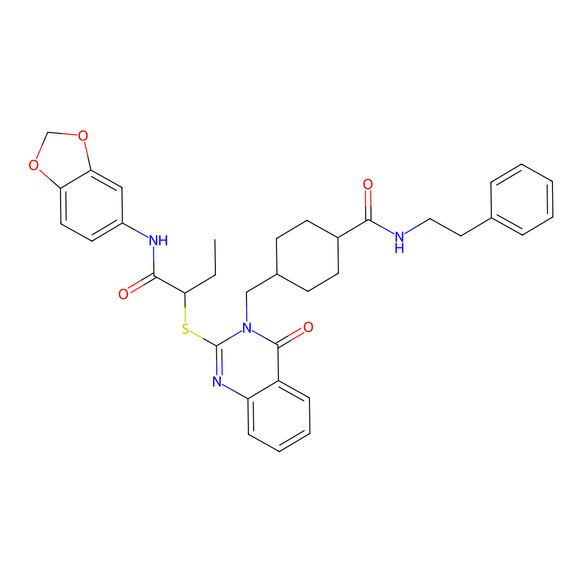 4-{[2-({1-[(2H-1,3-benzodioxol-5-yl)carbamoyl]propyl}sulfanyl)-4-oxo-3,4-dihydroquinazolin-3-yl]methyl}-N-(2-phenylethyl)cyclohexane-1-carboxamide molecular structure, CAS 439792-24-2
