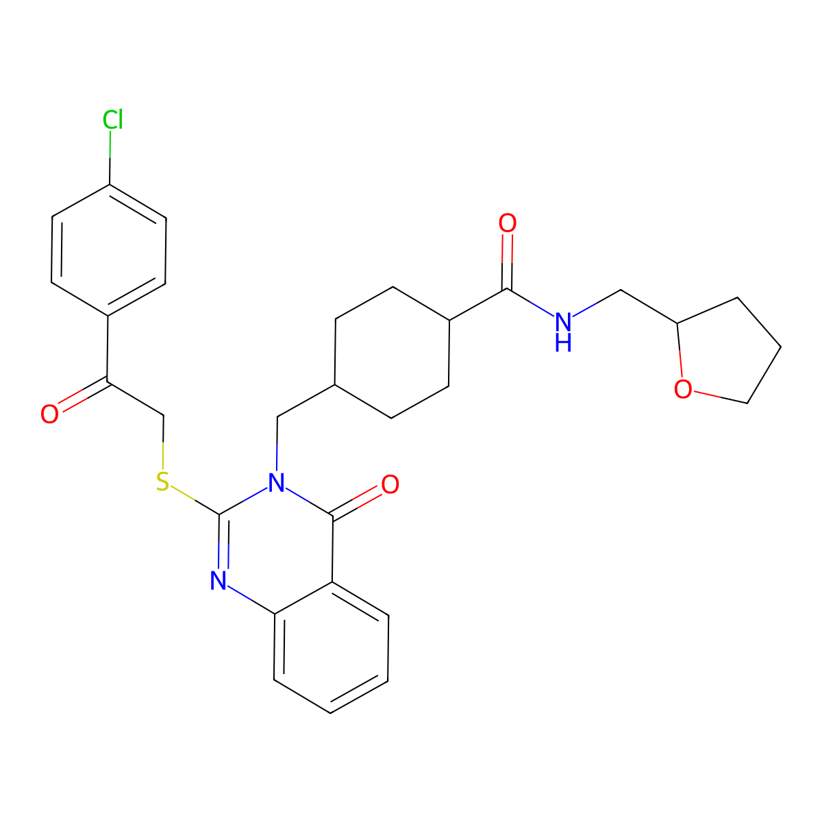 4-[(2-{[2-(4-chlorophenyl)-2-oxoethyl]sulfanyl}-4-oxo-3,4-dihydroquinazolin-3-yl)methyl]-N-[(oxolan-2-yl)methyl]cyclohexane-1-carboxamide molecular structure, CAS 439792-29-7