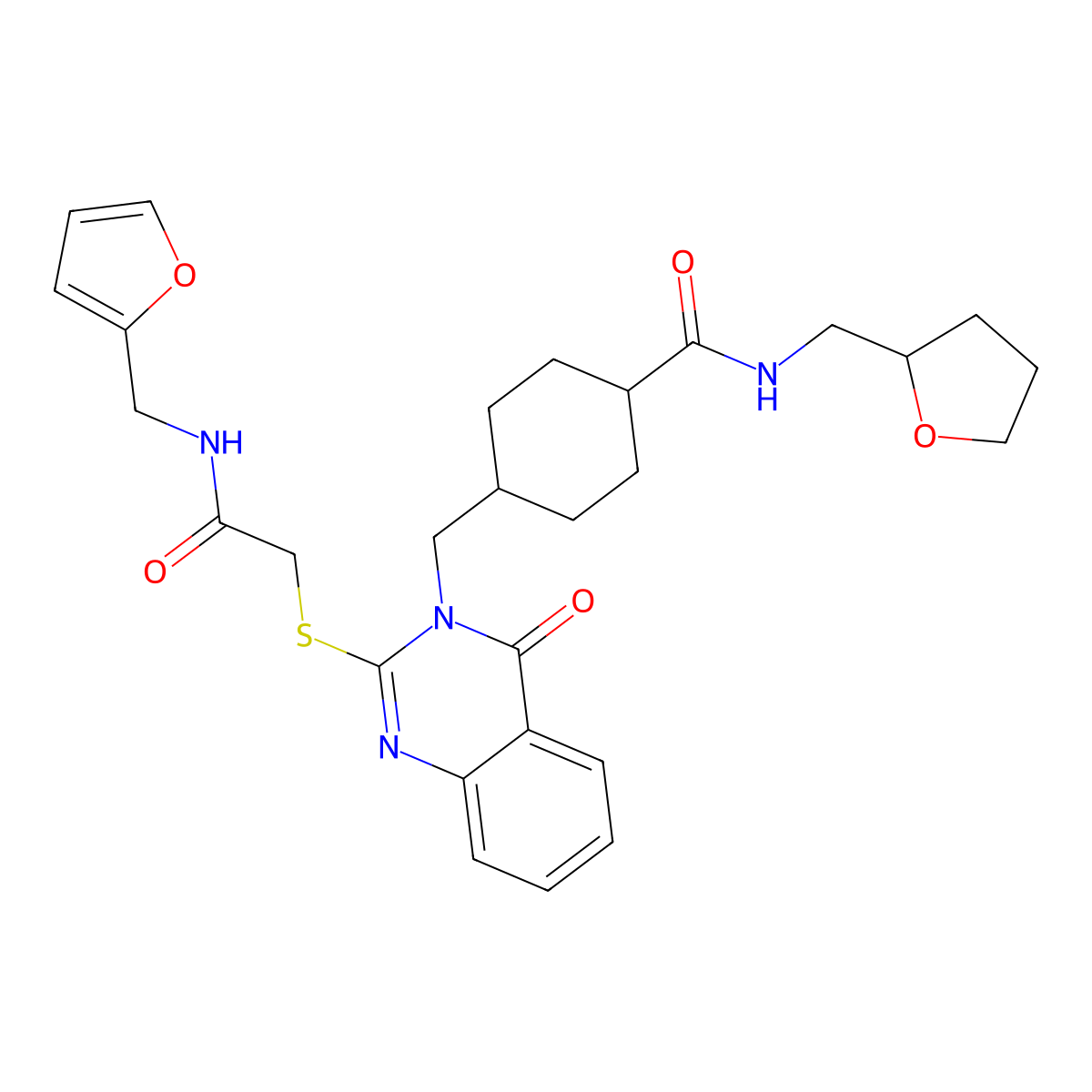 4-((2-((2-((furan-2-ylmethyl)amino)-2-oxoethyl)thio)-4-oxoquinazolin-3(4H)-yl)methyl)-N-((tetrahydrofuran-2-yl)methyl)cyclohexanecarboxamide molecular structure, CAS 439792-34-4