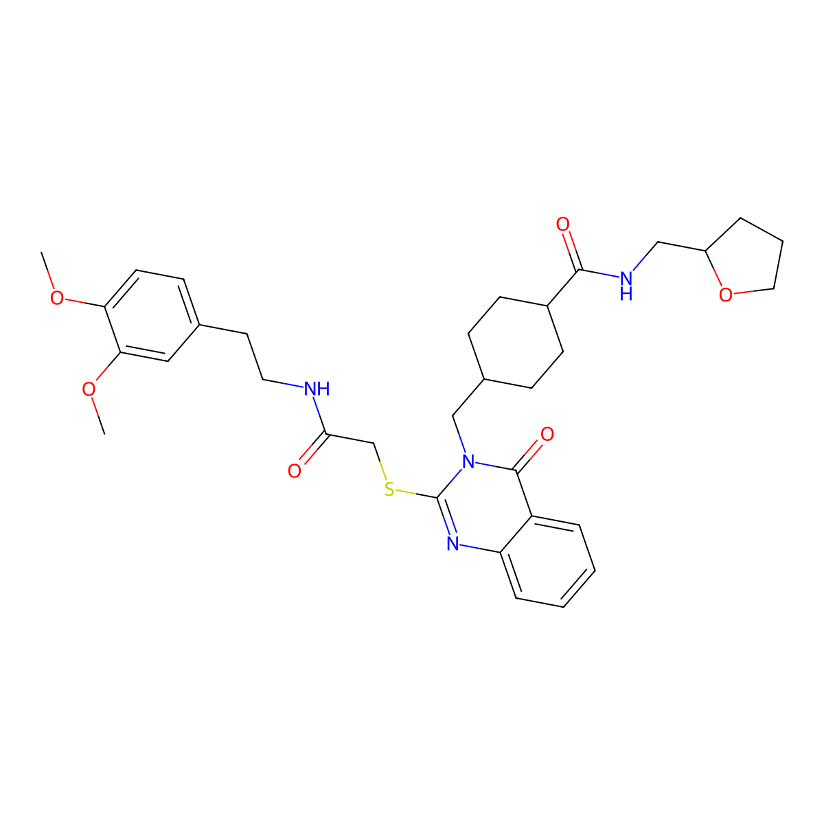 4-((2-((2-((3,4-dimethoxyphenethyl)amino)-2-oxoethyl)thio)-4-oxoquinazolin-3(4H)-yl)methyl)-N-((tetrahydrofuran-2-yl)methyl)cyclohexanecarboxamide molecular structure, CAS 439792-38-8