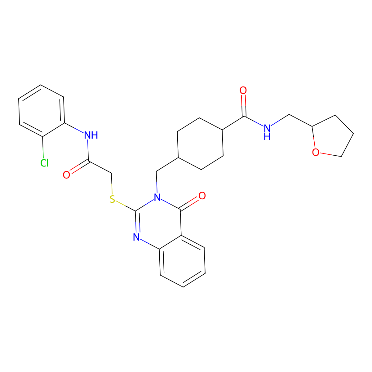 4-((2-((2-((2-chlorophenyl)amino)-2-oxoethyl)thio)-4-oxoquinazolin-3(4H)-yl)methyl)-N-((tetrahydrofuran-2-yl)methyl)cyclohexanecarboxamide molecular structure, CAS 439792-41-3
