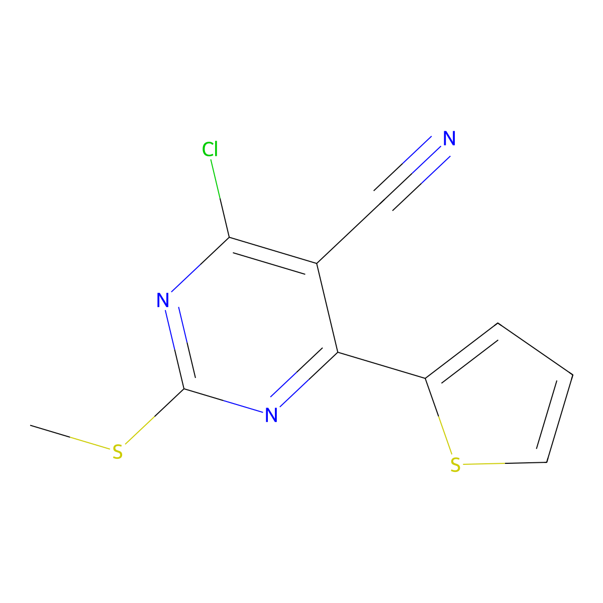 4-Chloro-2-methylsulfanyl-6-thiophen-2-ylpyrimidine-5-carbonitrile molecular structure, CAS 439808-45-4