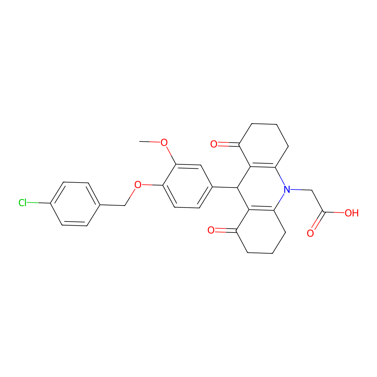 (9-{4-[(4-chlorobenzyl)oxy]-3-methoxyphenyl}-1,8-dioxo-2,3,4,5,6,7,8,9-octahydro-10(1H)-acridinyl)acetic acid molecular structure, CAS 439936-22-8