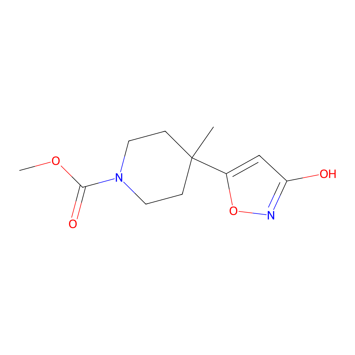 Methyl 4-(3-hydroxyisoxazol-5-yl)-4-methylpiperidine-1-carboxylate molecular structure, CAS 439944-47-5
