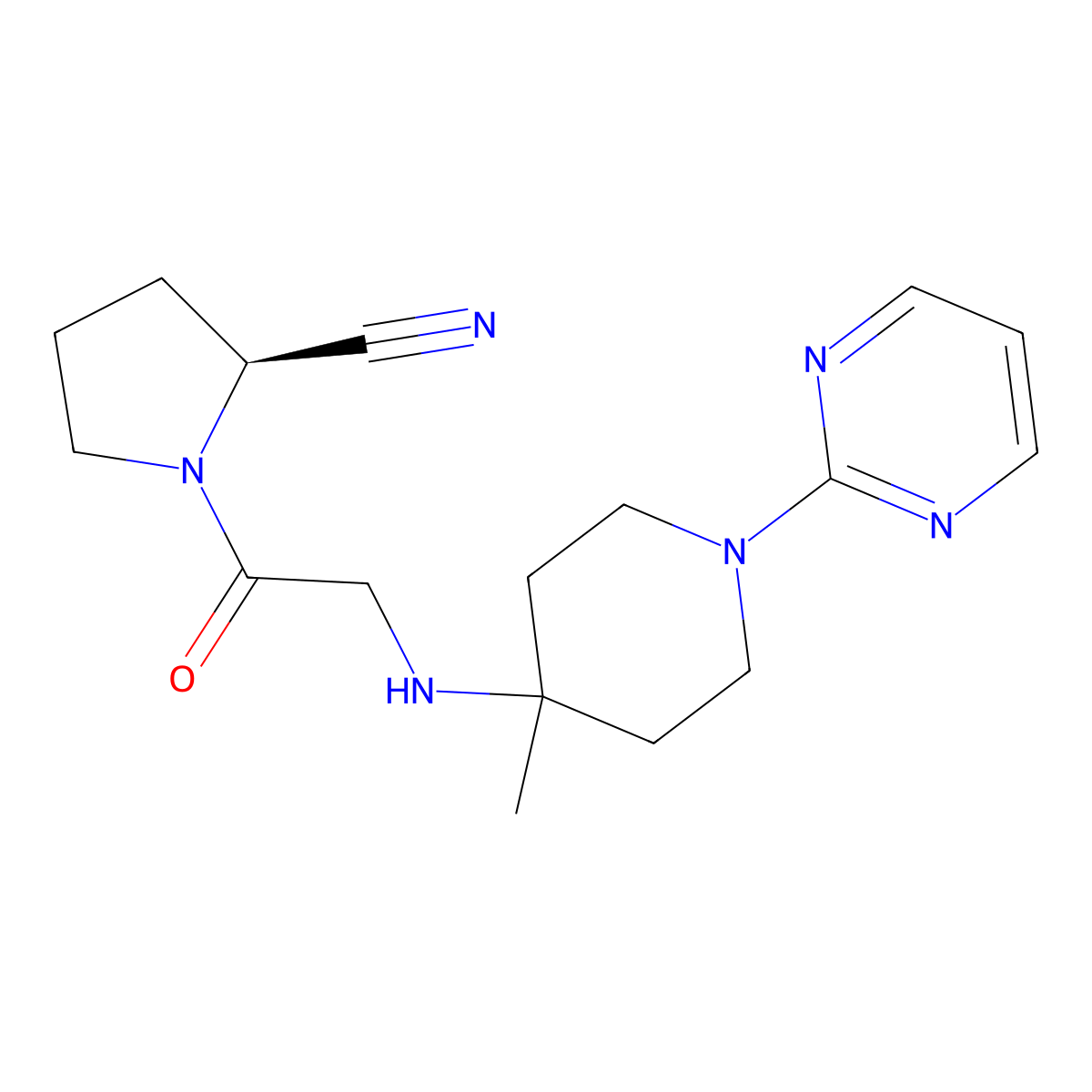 2-Pyrrolidinecarbonitrile, 1-(((4-methyl-1-(2-pyrimidinyl)-4-piperidinyl)amino)acetyl)- molecular structure, CAS 440100-64-1