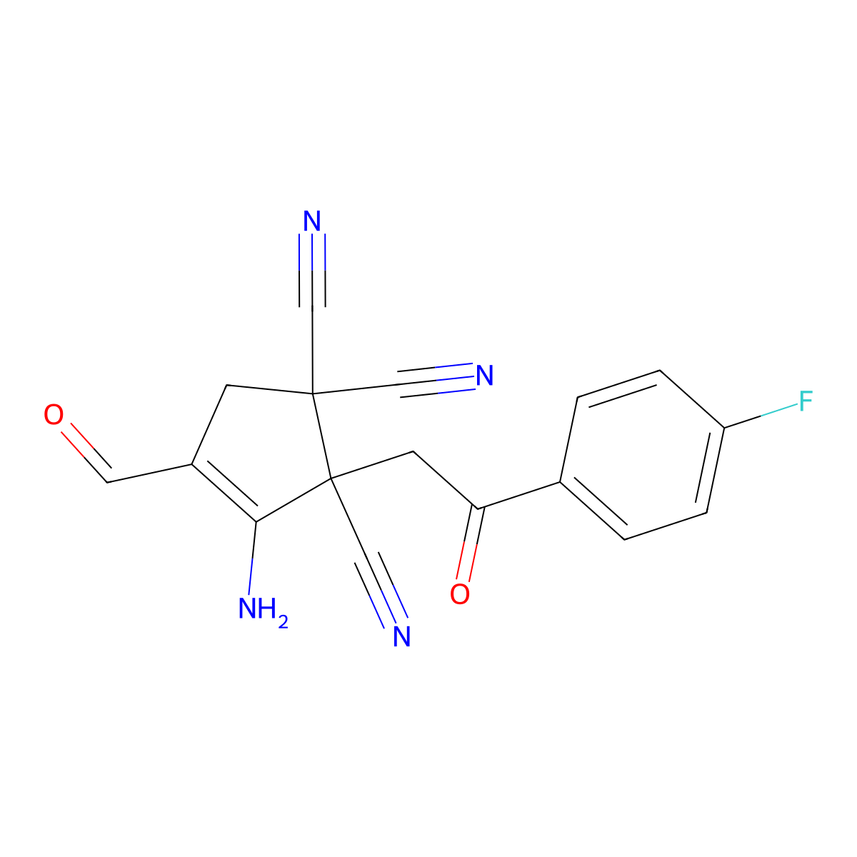 3-Amino-2-[2-(4-fluorophenyl)-2-oxoethyl]-4-formylcyclopent-3-ene-1,1,2-tricarbonitrile molecular structure, CAS 440111-02-4