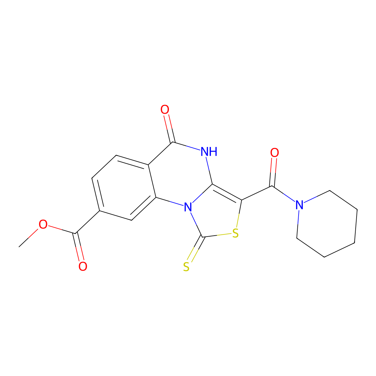 methyl 5-oxo-3-(piperidine-1-carbonyl)-1-thioxo-4,5-dihydro-1H-thiazolo[3,4-a]quinazoline-8-carboxylate molecular structure, CAS 440323-44-4