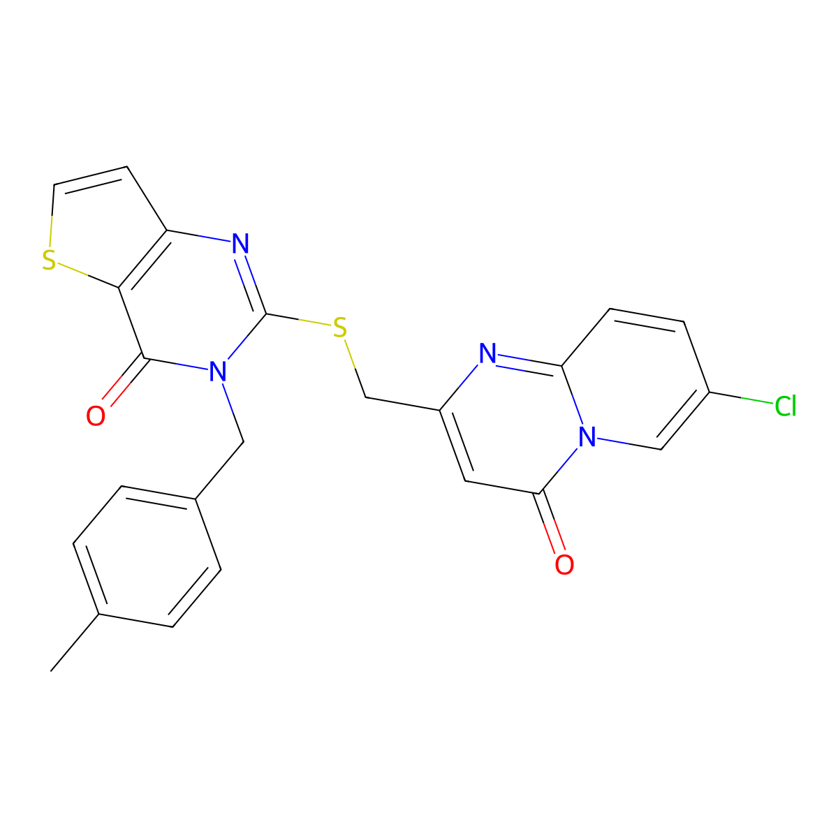 2-[(7-Chloro-4-oxopyrido[1,2-a]pyrimidin-2-yl)methylsulfanyl]-3-[(4-methylphenyl)methyl]thieno[3,2-d]pyrimidin-4-one molecular structure, CAS 440324-07-2