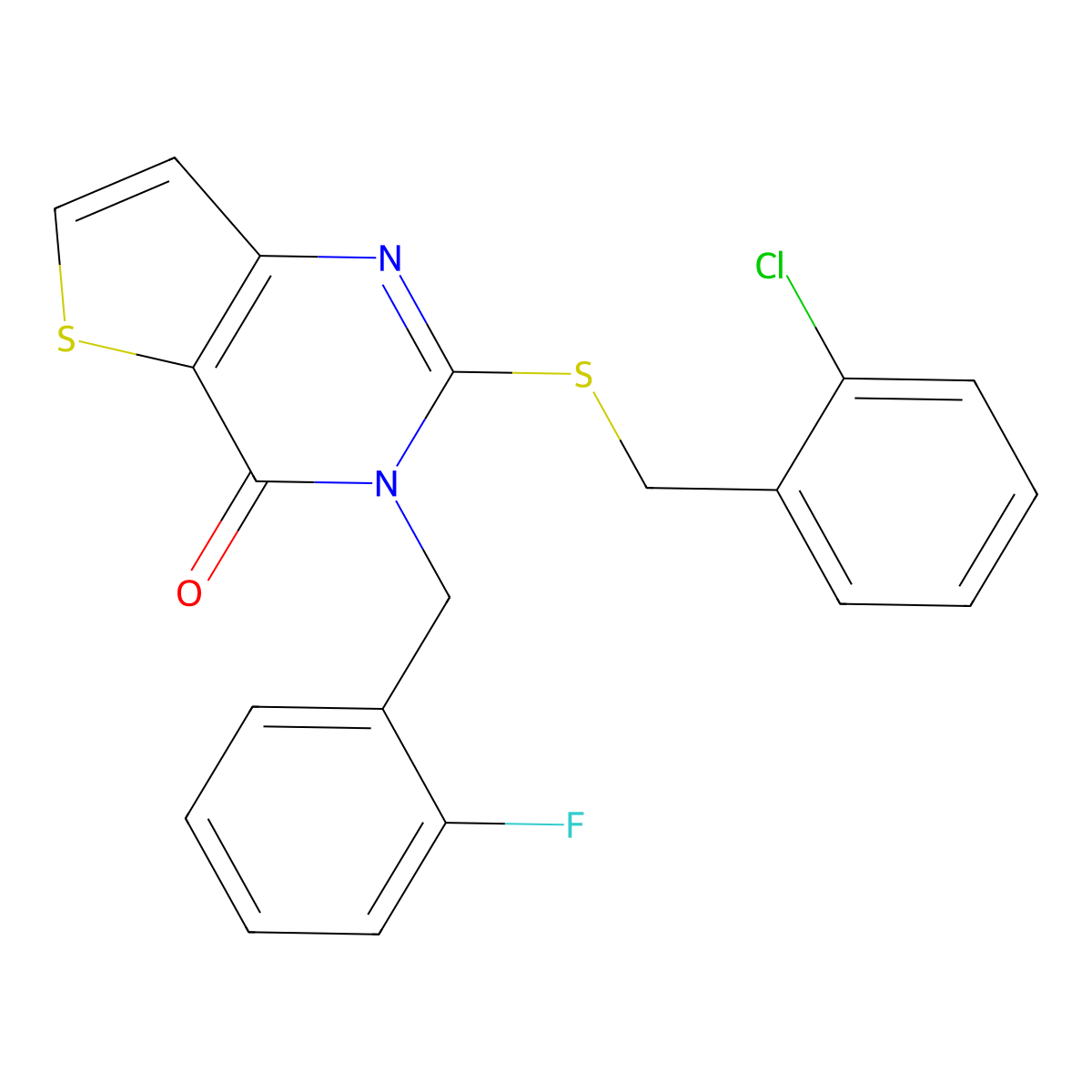 2-((2-chlorobenzyl)thio)-3-(2-fluorobenzyl)thieno[3,2-d]pyrimidin-4(3H)-one molecular structure, CAS 440326-40-9