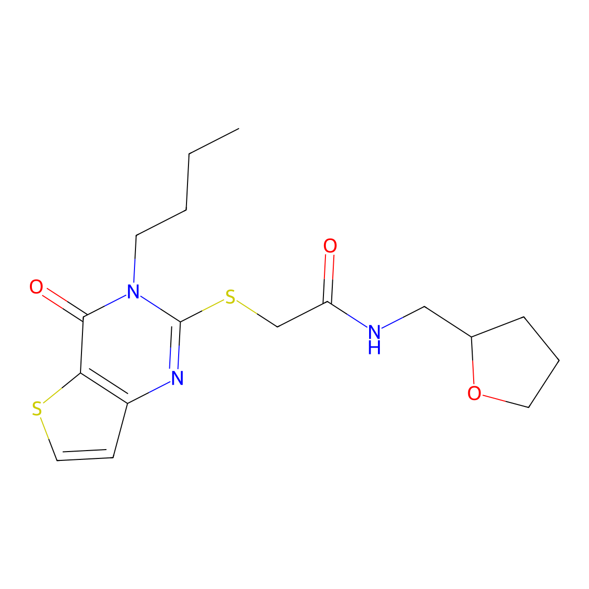 2-[(3-butyl-4-oxo-3,4-dihydrothieno[3,2-d]pyrimidin-2-yl)sulfanyl]-N-(tetrahydrofuran-2-ylmethyl)acetamide molecular structure, CAS 440328-97-2