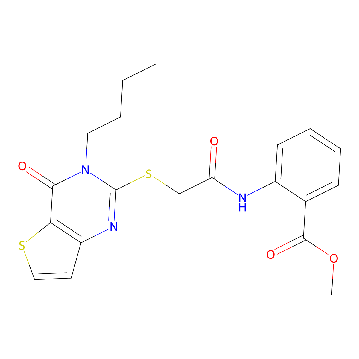 Methyl 2-[[2-(3-butyl-4-oxothieno[3,2-d]pyrimidin-2-yl)sulfanylacetyl]amino]benzoate molecular structure, CAS 440328-99-4