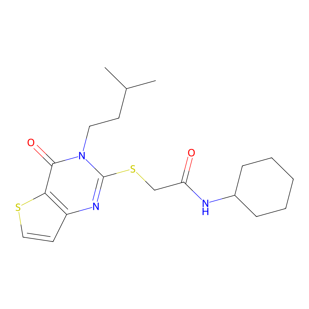 N-cyclohexyl-2-[3-(3-methylbutyl)-4-oxothieno[3,2-d]pyrimidin-2-yl]sulfanylacetamide molecular structure, CAS 440329-75-9