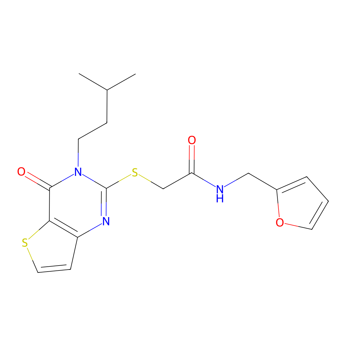 N-[(furan-2-yl)methyl]-2-{[3-(3-methylbutyl)-4-oxo-3H,4H-thieno[3,2-d]pyrimidin-2-yl]sulfanyl}acetamide molecular structure, CAS 440329-78-2