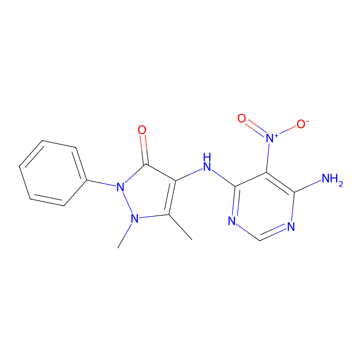4-((6-amino-5-nitropyrimidin-4-yl)amino)-1,5-dimethyl-2-phenyl-1H-pyrazol-3(2H)-one molecular structure, CAS 440334-83-8