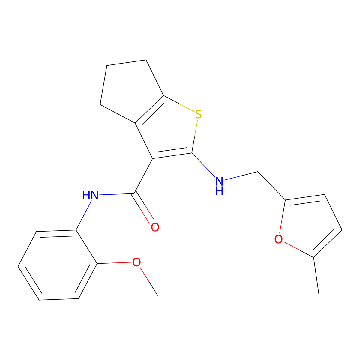 N-(2-methoxyphenyl)-2-[(5-methylfuran-2-yl)methylamino]-5,6-dihydro-4H-cyclopenta[b]thiophene-3-carboxamide molecular structure, CAS 440627-65-6