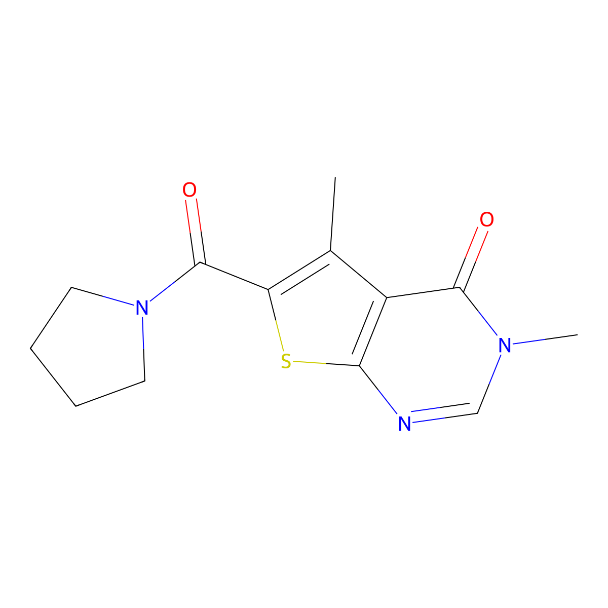 3,5-dimethyl-6-(pyrrolidine-1-carbonyl)-3H,4H-thieno[2,3-d]pyrimidin-4-one molecular structure, CAS 440629-10-7