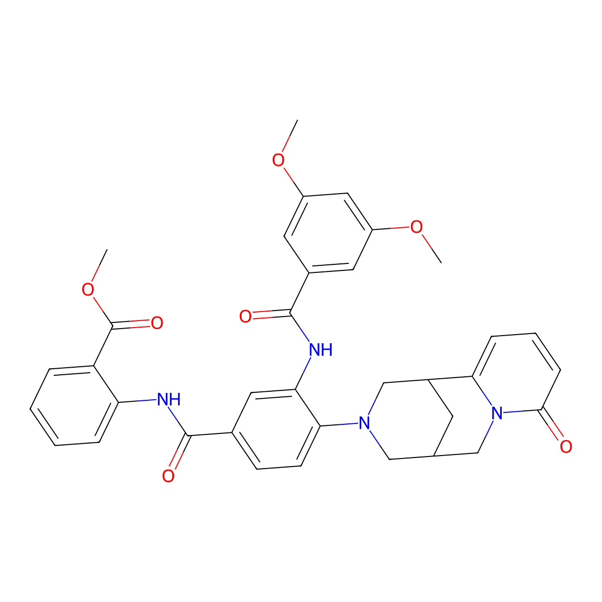 methyl 2-(3-(3,5-dimethoxybenzamido)-4-(8-oxo-5,6-dihydro-1H-1,5-methanopyrido[1,2-a][1,5]diazocin-3(2H,4H,8H)-yl)benzamido)benzoate molecular structure, CAS 441047-25-2