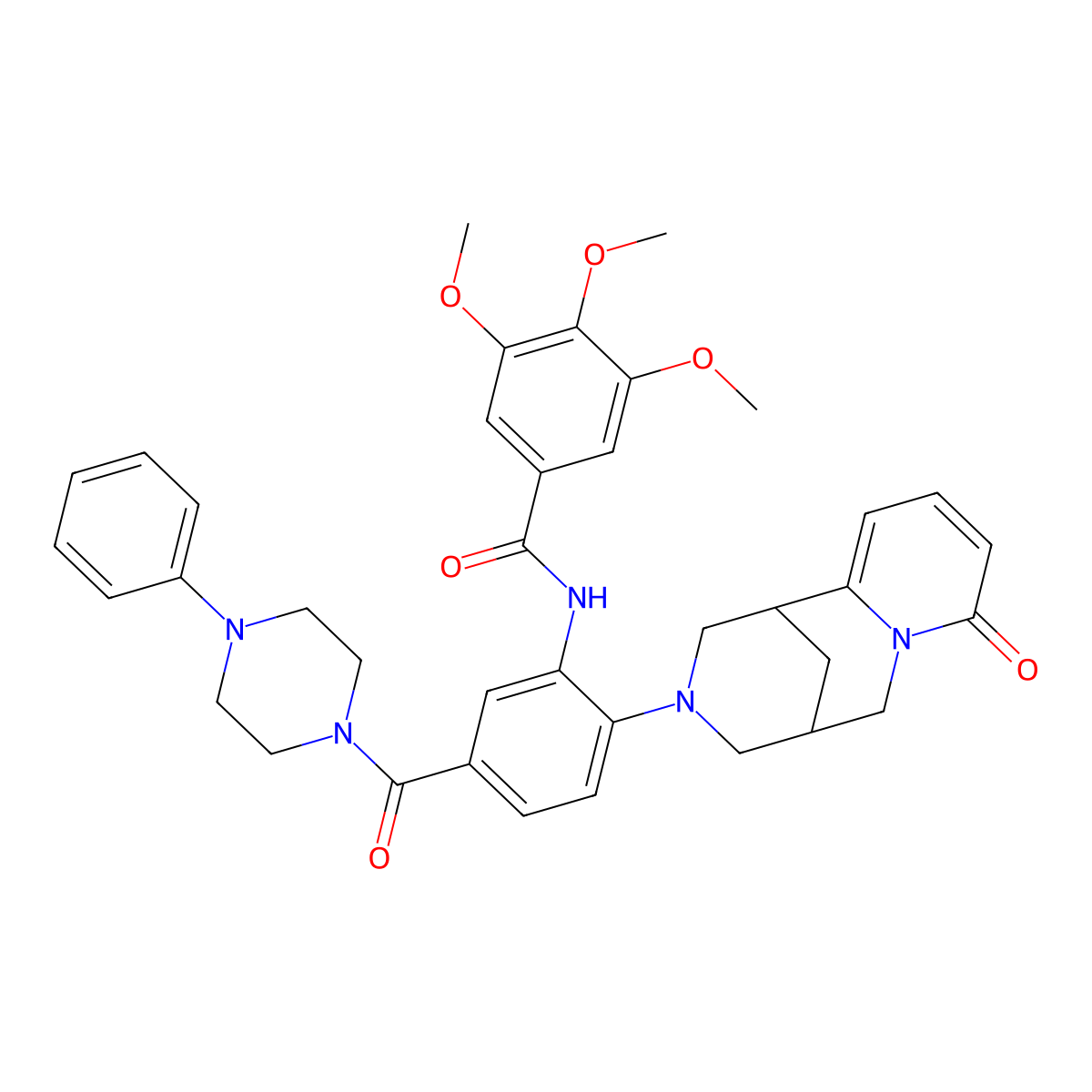3,4,5-trimethoxy-N-(2-(8-oxo-5,6-dihydro-1H-1,5-methanopyrido[1,2-a][1,5]diazocin-3(2H,4H,8H)-yl)-5-(4-phenylpiperazine-1-carbonyl)phenyl)benzamide molecular structure, CAS 441047-42-3