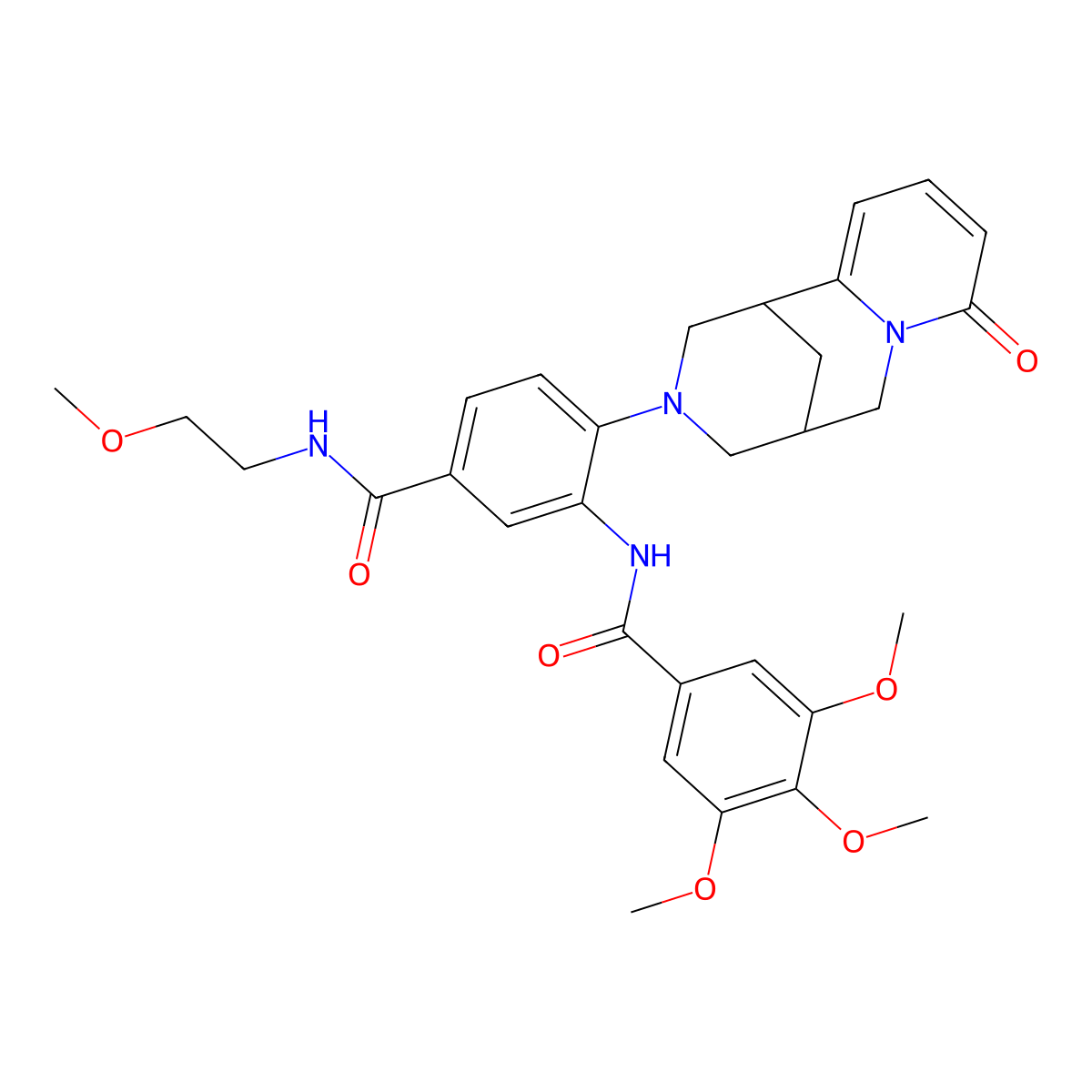 3,4,5-trimethoxy-N-(5-((2-methoxyethyl)carbamoyl)-2-(8-oxo-5,6-dihydro-1H-1,5-methanopyrido[1,2-a][1,5]diazocin-3(2H,4H,8H)-yl)phenyl)benzamide molecular structure, CAS 441047-92-3