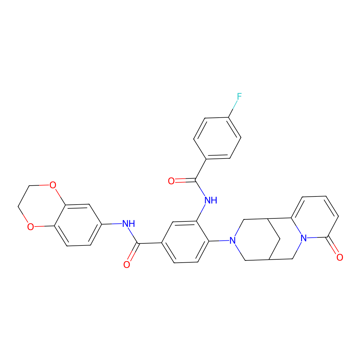 N-(2,3-dihydrobenzo[b][1,4]dioxin-6-yl)-3-(4-fluorobenzamido)-4-(8-oxo-5,6-dihydro-1H-1,5-methanopyrido[1,2-a][1,5]diazocin-3(2H,4H,8H)-yl)benzamide molecular structure, CAS 441048-26-6
