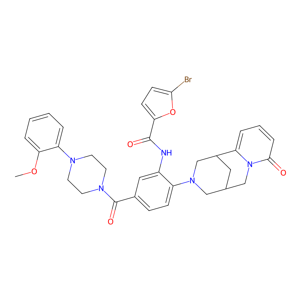 5-bromo-N-(5-(4-(2-methoxyphenyl)piperazine-1-carbonyl)-2-(8-oxo-5,6-dihydro-1H-1,5-methanopyrido[1,2-a][1,5]diazocin-3(2H,4H,8H)-yl)phenyl)furan-2-carboxamide molecular structure, CAS 441048-53-9