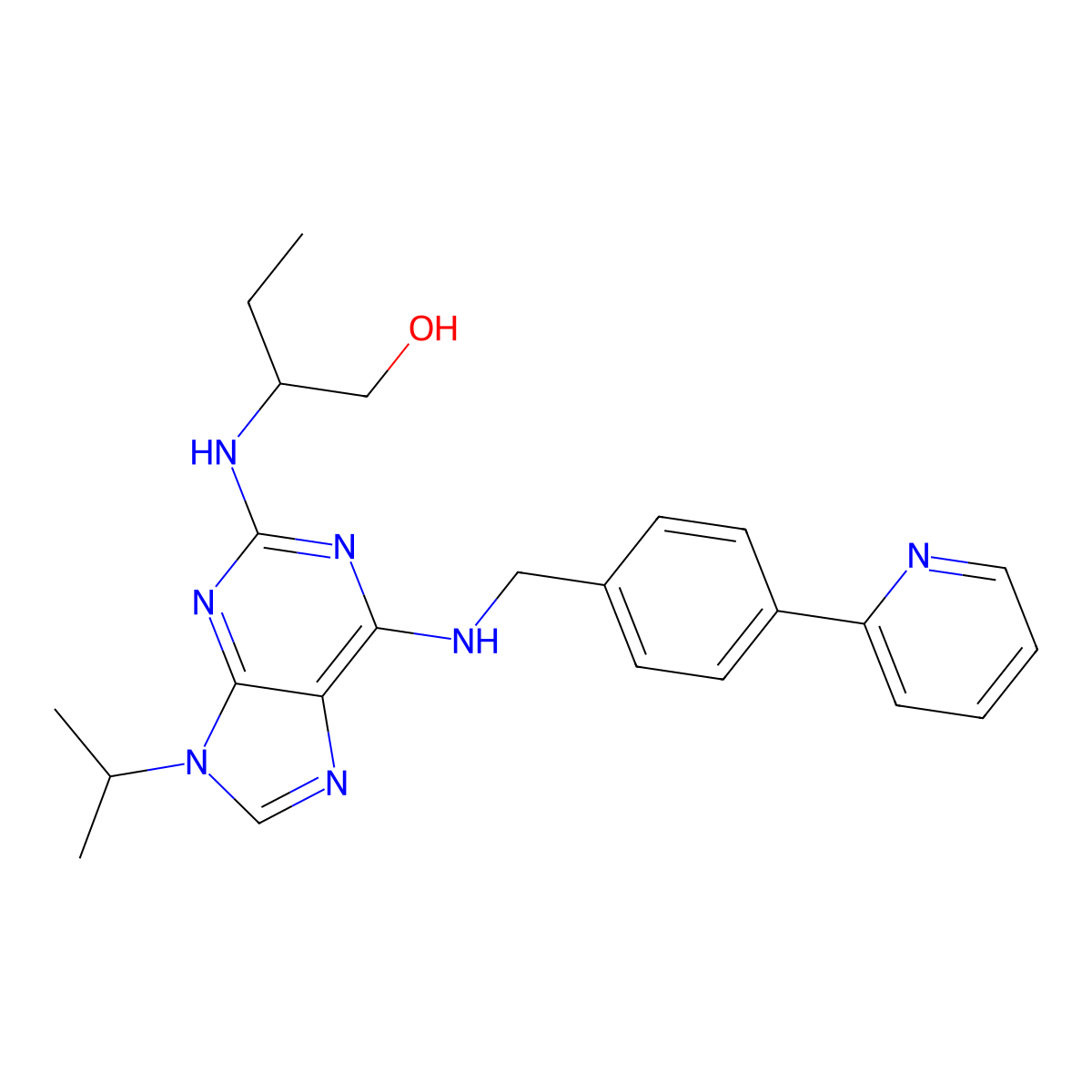 2-((9-Isopropyl-6-((4-(pyridin-2-yl)benzyl)amino)-9H-purin-2-yl)amino)butan-1-ol molecular structure, CAS 441054-85-9