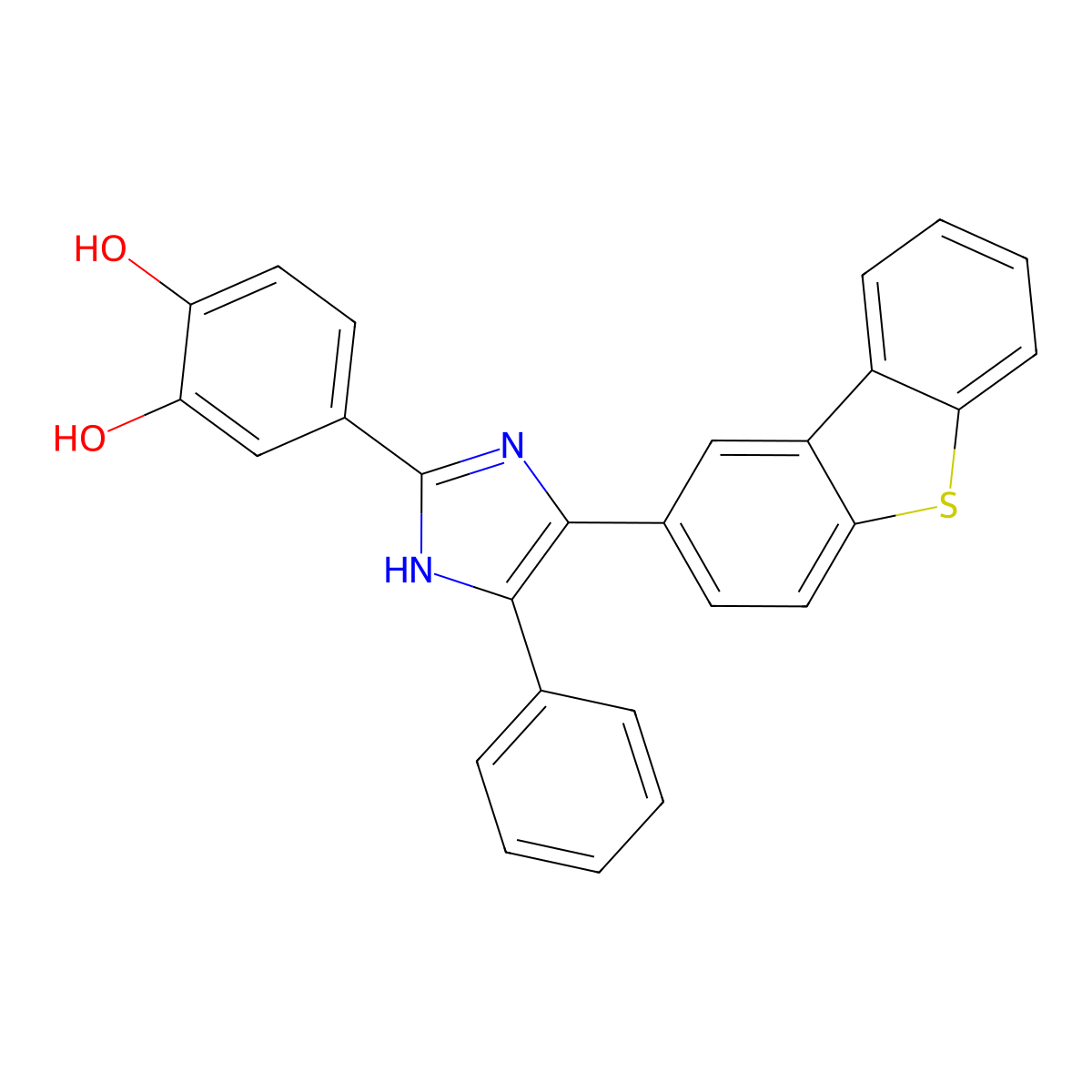 4-(5-phenyl-4-{8-thiatricyclo[7.4.0.0^{2,7}]trideca-1(9),2(7),3,5,10,12-hexaen-4-yl}-1H-imidazol-2-yl)benzene-1,2-diol molecular structure, CAS 441288-03-5