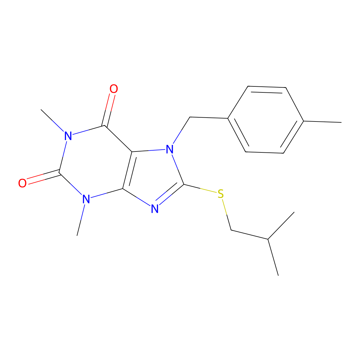 8-(Isobutylthio)-1,3-dimethyl-7-(4-methylbenzyl)-3,7-dihydro-1H-purine-2,6-dione molecular structure, CAS 441289-42-5