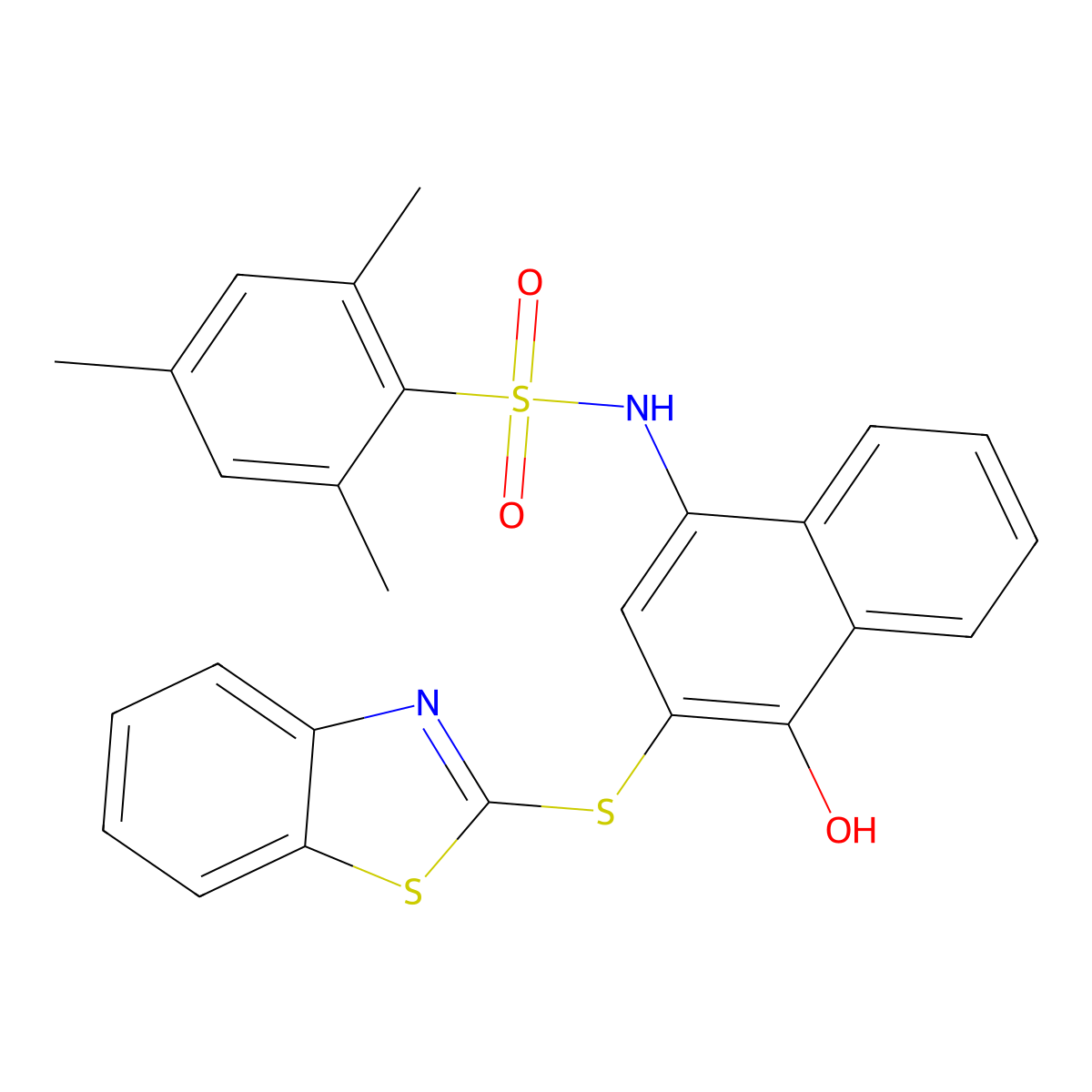 N-(3-(benzo[d]thiazol-2-ylthio)-4-hydroxynaphthalen-1-yl)-2,4,6-trimethylbenzenesulfonamide molecular structure, CAS 441289-69-6