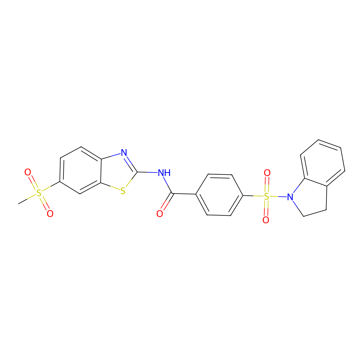 4-(indolin-1-ylsulfonyl)-N-(6-(methylsulfonyl)benzo[d]thiazol-2-yl)benzamide molecular structure, CAS 441290-30-8