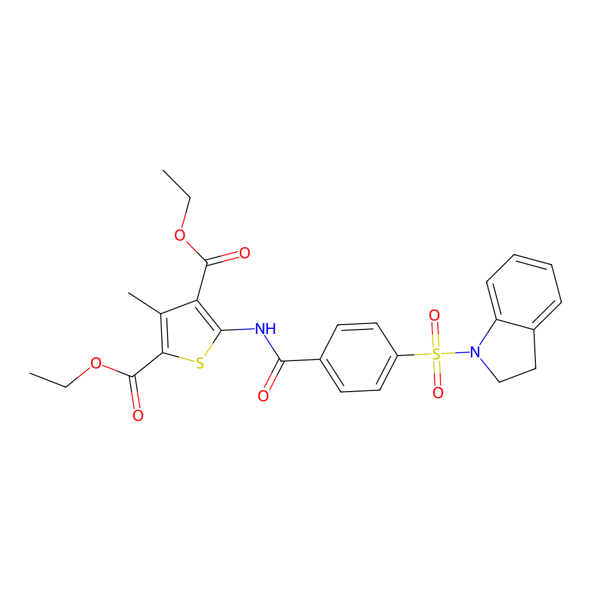 Diethyl 5-(4-(indolin-1-ylsulfonyl)benzamido)-3-methylthiophene-2,4-dicarboxylate molecular structure, CAS 441290-31-9