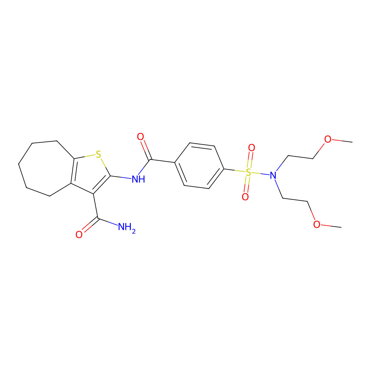 2-[[[4-[bis(2-methoxyethyl)sulfamoyl]phenyl]-oxomethyl]amino]-5,6,7,8-tetrahydro-4H-cyclohepta[b]thiophene-3-carboxamide molecular structure, CAS 441291-08-3
