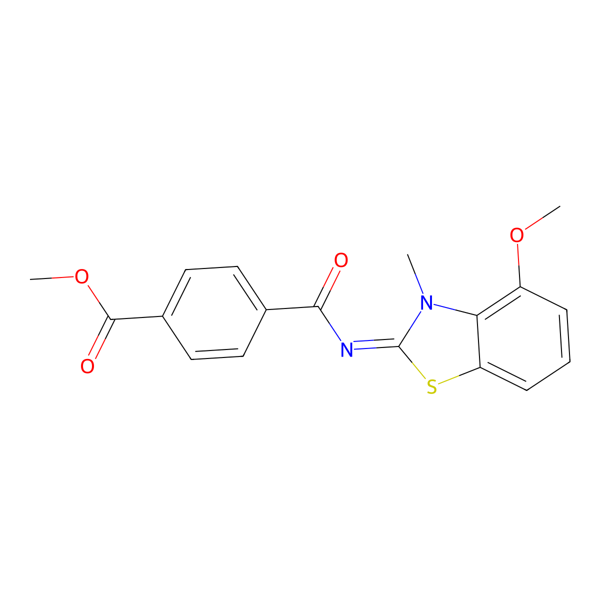 Methyl 4-[(4-methoxy-3-methyl-1,3-benzothiazol-2-ylidene)carbamoyl]benzoate molecular structure, CAS 441291-54-9