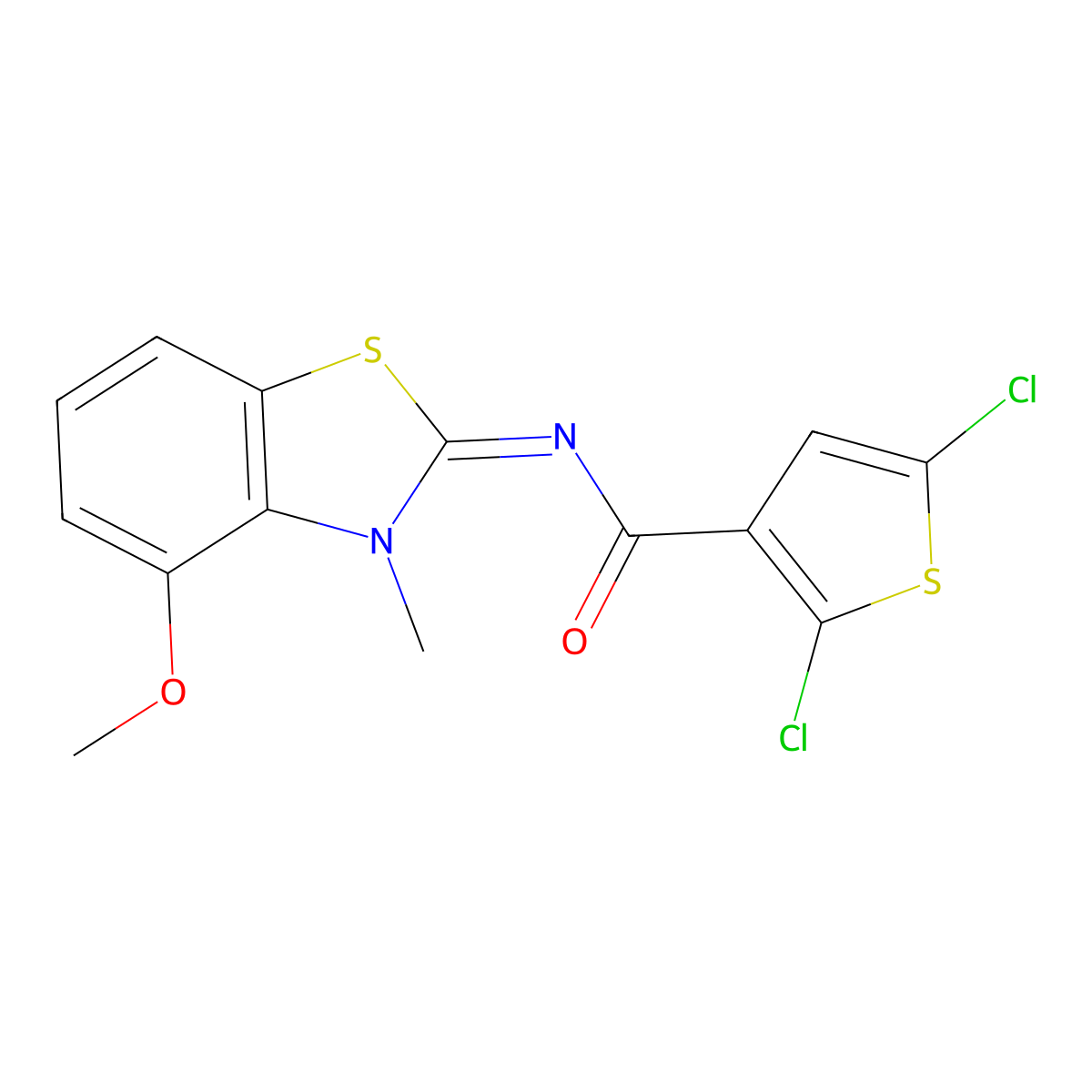 Thiophene-3-carboxamide, 2,5-dichloro-N-(4-methoxy-3-methyl-3H-benzothiazol-2-ylidene)- molecular structure, CAS 441291-89-0