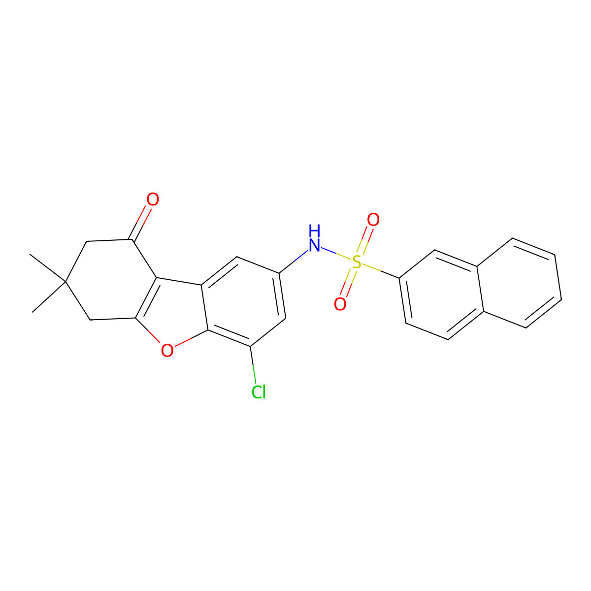 N-(4-chloro-7,7-dimethyl-9-oxo-6,8-dihydrodibenzofuran-2-yl)naphthalene-2-sulfonamide molecular structure, CAS 441292-33-7