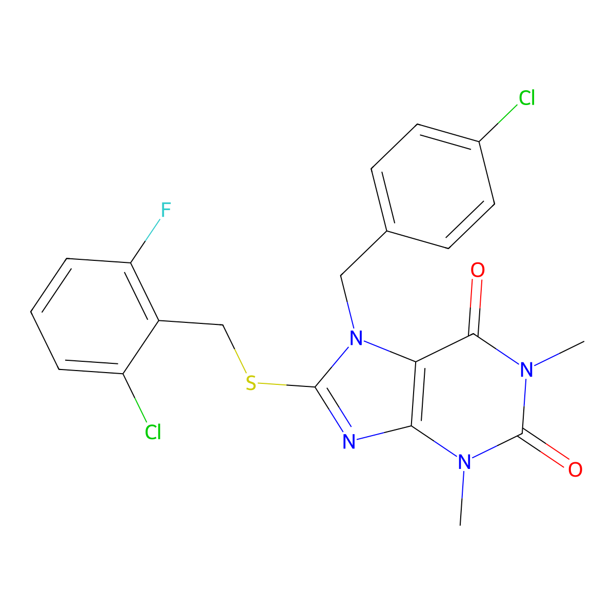 7-(4-chlorobenzyl)-8-[(2-chloro-6-fluorobenzyl)sulfanyl]-1,3-dimethyl-3,7-dihydro-1H-purine-2,6-dione molecular structure, CAS 441316-89-8