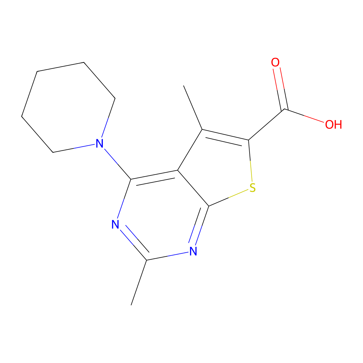 2,5-Dimethyl-4-piperidin-1-ylthieno[2,3-d]pyrimidine-6-carboxylic acid molecular structure, CAS 441720-70-3