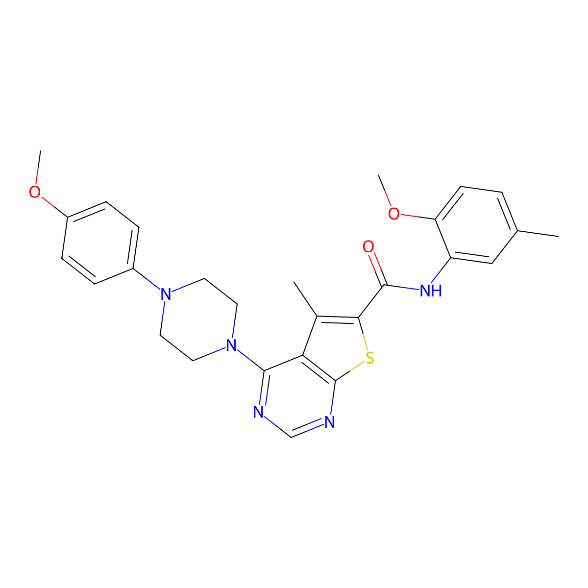 N-(2-methoxy-5-methylphenyl)-4-[4-(4-methoxyphenyl)piperazin-1-yl]-5-methylthieno[2,3-d]pyrimidine-6-carboxamide molecular structure, CAS 441721-03-5