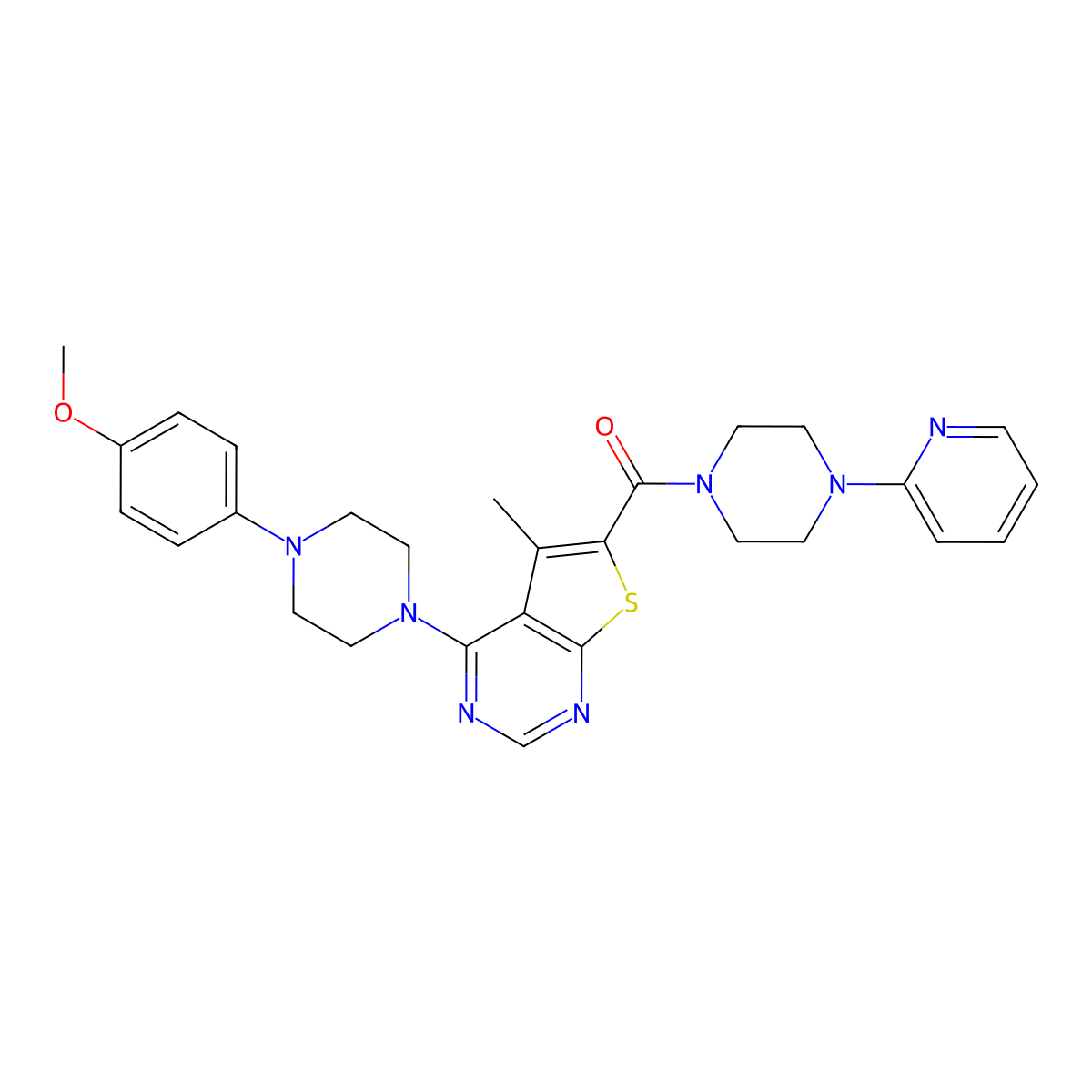 (4-(4-(4-Methoxyphenyl)piperazin-1-yl)-5-methylthieno[2,3-d]pyrimidin-6-yl)(4-(pyridin-2-yl)piperazin-1-yl)methanone molecular structure, CAS 441721-08-0