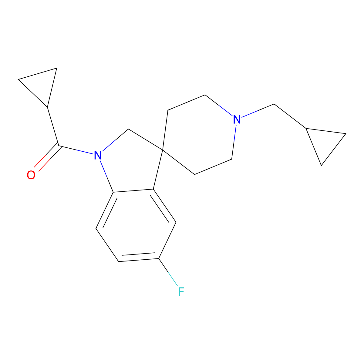 Cyclopropyl(1'-(cyclopropylmethyl)-5-fluorospiro[indoline-3,4'-piperidin]-1-yl)methanone molecular structure, CAS 441726-98-3