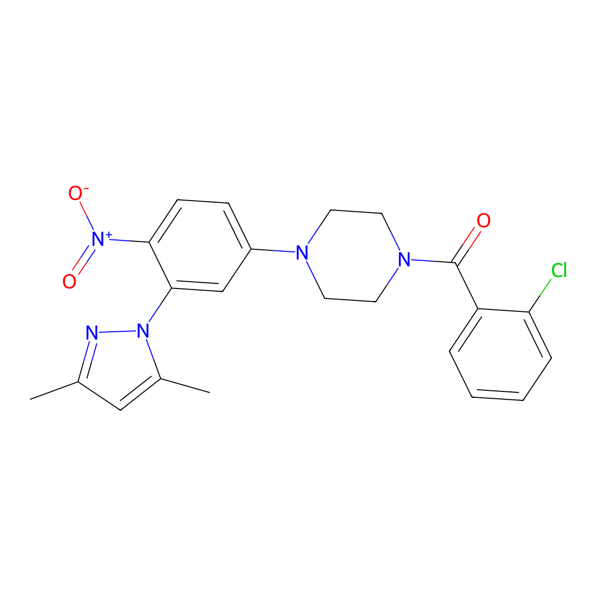 (2-Chlorophenyl)-[4-[3-(3,5-dimethylpyrazol-1-yl)-4-nitrophenyl]piperazin-1-yl]methanone molecular structure, CAS 441782-87-2